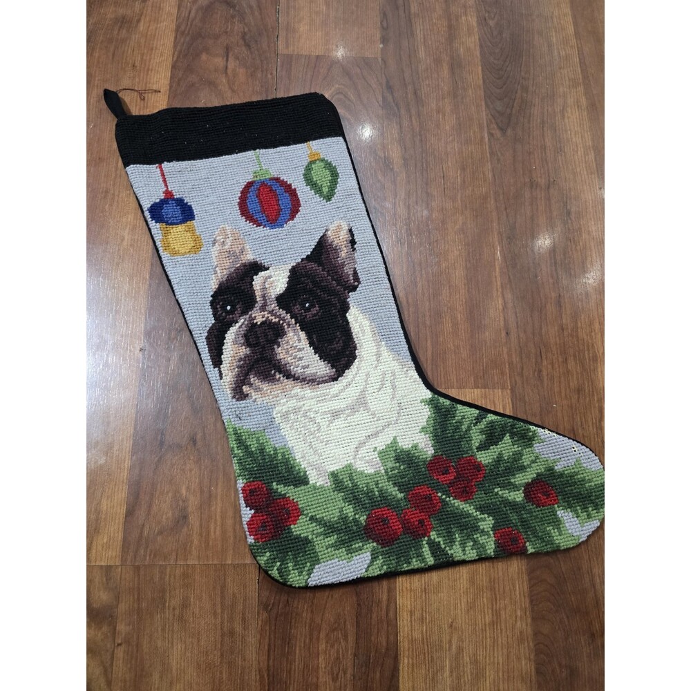 Vtg Handcraft Boston Terrier, French Bulldog Needlepoint Christmas Stocking Wool